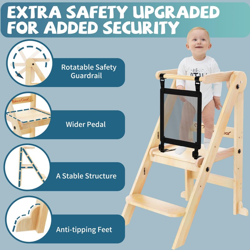 Foldable Toddler Tower with Safety Nets, 3 Adjustable Height Learning