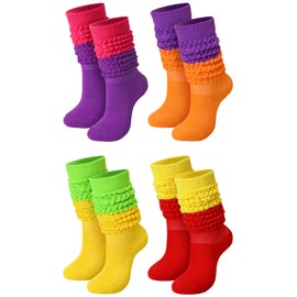 Janmercy 4 Pairs Slouch Socks for Women Bulk Stacked Boot 80s 90s Neon Slouch Knit Scrunchie Socks(Medium,Bright Color)