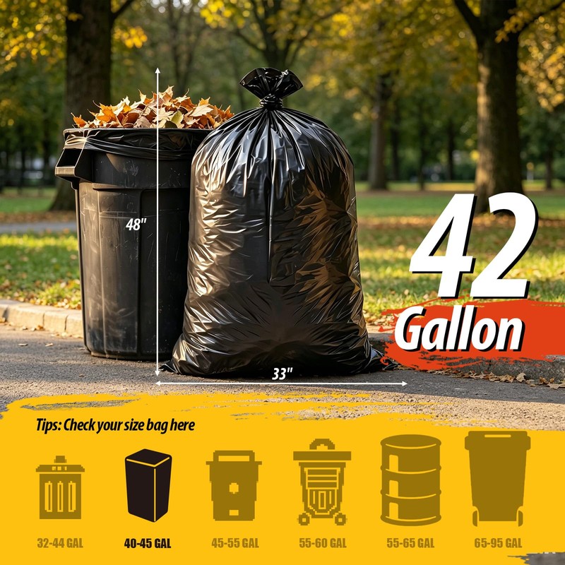 42 Gallon Large Black Trash Bags 33x48in (10 Count)