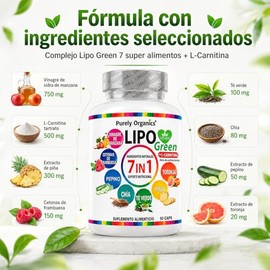 Lipo Green 7-in-1 con L-Carnitina, Vinagre de Manzana, Cetonas de Frambuesa, Té Verde, Chía, Piña, Pepino y Toronja | Apoyo al Metabolismo | Sin Estimulantes | 90 cápsulas Veganas.
