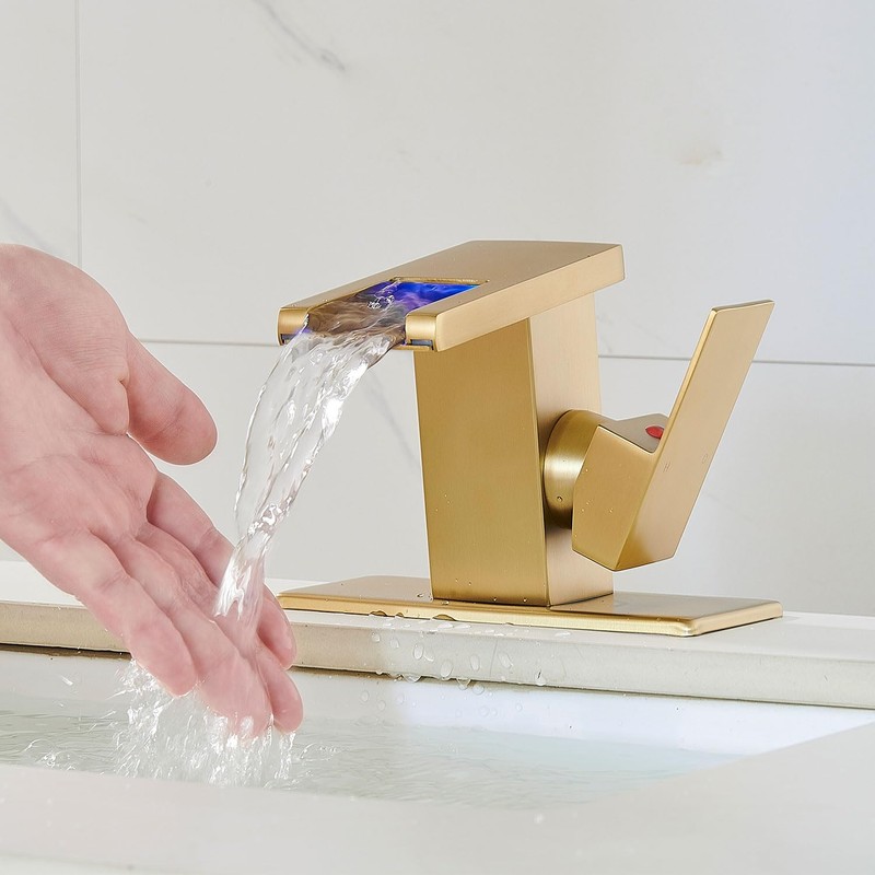 AVSIILE LED Bathroom Sink Faucet, Brushed Gold Waterfall Single Hole