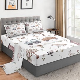 WeCozy Queen Size 4 Pcs Bed Fitted Sheet Set with 14" Deep Pocket, Animal Farm Tractor Flat Sheet Set for Kids and Adults, House Tree Pig Bedding with 2 Pillowcases for Bedroom Decor