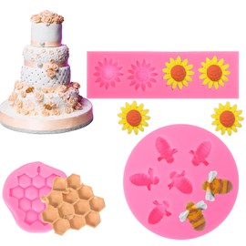 Mabor 4Pcs Bumble Bee Silicone Mold Honeycomb Sunflower and Bee Fondant Molds Kit Hive DIY Chocolate Candy Cookies Dessert Decorating Baking Mold for Dollhouse Miniature Crafts