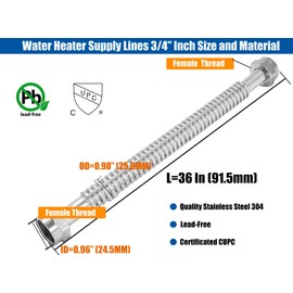 WHK 2 Pack 36-Inch Water Heater 3/4" Flexible Hose Connector Water Supply Line 3/4" Inch FIP x 3/4" Inch to Connect Water Heater,Water Softener,Water Filter (Stainless Steel)