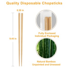 LOROTOCO 100Pairs Bamboo Chopsticks Disposable | Individually Wrapped | Bulk | Separated | Round | Premium Quality-（9.45in)