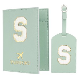 PATIKIL Passport Holder for Travel, Initial Passport Cover and Luggage Tag Set with Alphabet Chenille Letter Patch Travel Wallet Bag Suitcase Identifier for Women Family Travel Green S