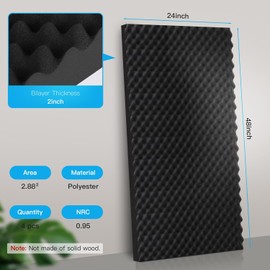 2 Pack Acoustic Panels, 48x24x2” Egg Crate Soundproof Foam Wall Panels High Density Noise Canceling Studio Foam Wall Panels for Echo Absorption Home Office (Black 2 Pack, 48"x24"x2")