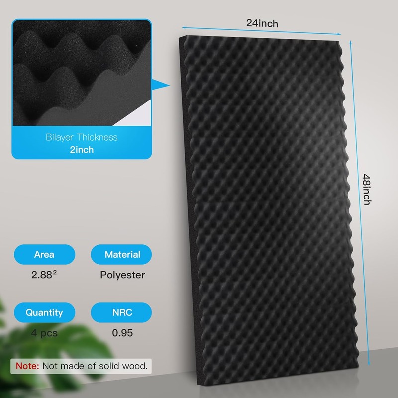 2 Pack Acoustic Panels, 48x24x2” Egg Crate Soundproof Foam Wall