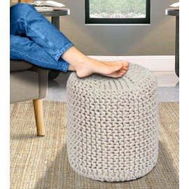 COTTON CRAFT Braided Round Pouf - Hand Knitted Cotton Cord Cable Dori Cylindrical Ottoman - Foot Stool - Floor Pouf - Footrest - Accent Seat - Living Room Bedroom Dorm Décor - 15 Round x 16 H - Ivory