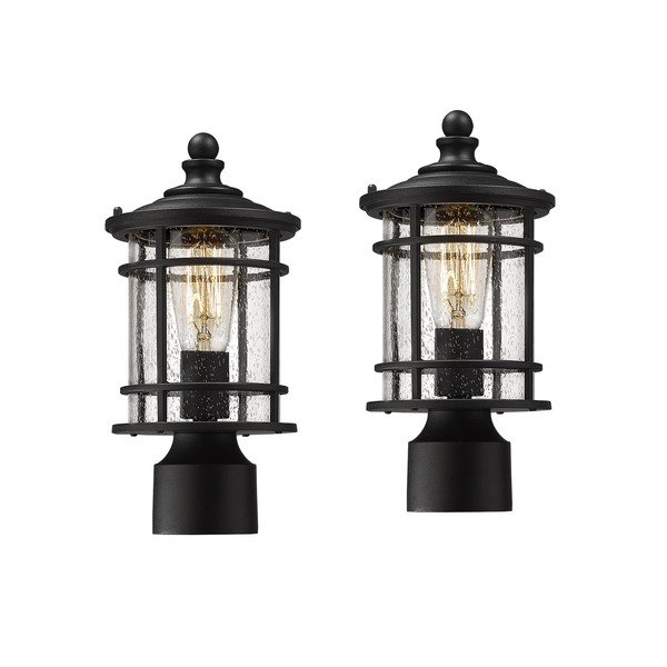 Emliviar Outdoor Post Lights 2 Pack - 12.5 Inch Modern Farmhouse Post Lamps with Seeded Glass in Black Finish, XE229P-S-2PK BK