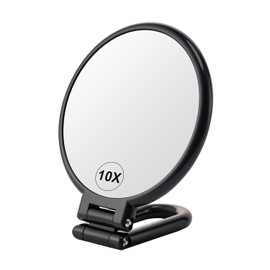 BOOMIBOO Espejo de mano con aumento 1X/10X de doble cara, espejo de maquillaje de viaje plegable, pedestal de rotación ajustable, espejo de cambiador para mano/colgante/computadora, color negro