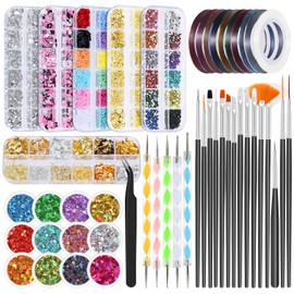 49 in 1 Professional Nail Art Kit, Brushes Dotting Pens with Striping Tape, Rhinestones, 3D Flower, Metallic Foil Flakes, Metal Studs, Butterfly Stickers, Holographic Glitter Sequins (Black-1)