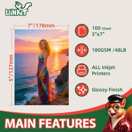 Uinkit Premium Glossy Inkjet Photo Paper - 5x7 Inch, 48lb 180gsm, 100 Sheets - Professional Photographic Quality, Dye Ink Compatible, High-Gloss Finish for Stunning Portraits & Art Prints