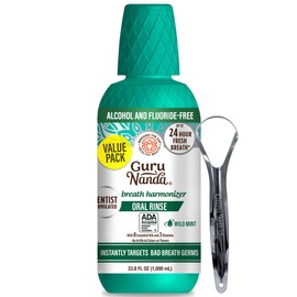 GuruNanda Fresh Breath Mouthwash, ADA-Accepted, Alcohol & Fluoride-Free, Sodium Chlorite, Essential Oils & Vitamins, 12-Hrs Fresh Breath, Wild Mint, 33.8 oz