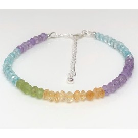 Aquamarine, Citrine, Amethyst & Peridot 4 mm Rondelle Shape Faceted Cut Gemstone Beads Adjustable Stacking Bracelet with 925 Sterling Silver Plated Lock Clasp Bracelet, Stone Sterling Silver Metal,