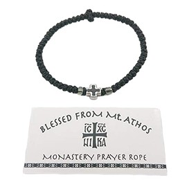 Blessed Greek Christian Orthodox Handmade Prayer Rope from Mt. Athos (Komboskoini Chotki) Thin Black with Black Metalic Cross