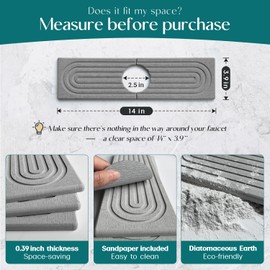 Diatomite Kitchen Faucet Mat - 14Inch Water Absorbing Stone Tray for Sink, Stone Fast-Drying Faucet Mat for Kitchen Counter Sink Accessories [Grey, 14'' x 3.9'']