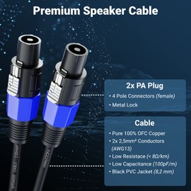 deleyCON 5 m PA speaker cable, studio quality, made of pure OFC copper, cable for PA loudspeakers, 2 x 2.5 mm² (AWG13), 8.3 mm, metal locking