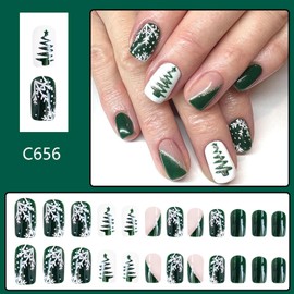 Vopintpy Christmas Press on Nails Medium Square Fake Nails Glitter Christmas Tree Snowflake Acrylic Glue on Nails Glossy Reusable Stick on Nails for Women DIY Winter Xmas Manicure Decoration