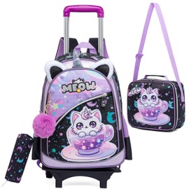 Oruiji Girls Rolling Backpack for Kids with Wheels,Cute Cat Lightweight Kids Luggage for 6-8,Large Capacity BookBag with Wheels & Telescopic Handle