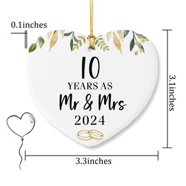 10 Years as Mr & Mrs 2024 Ornament Keepsake Sign Heart Plaque 10 Year Anniversary Marriage Gift for Men Women Her Him 10th Anniversary Wedding Gifts for Husband Wife 2024 10th for Couples Gift Ideas