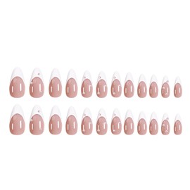 French Tip Press on Nails Medium White French False Nails Almond Nails Artificial Acrylic Nails Pearl Artificial Nails Charm Stick on Nails Full Cover Reusable Coffin Nails Glue on Nails for Women