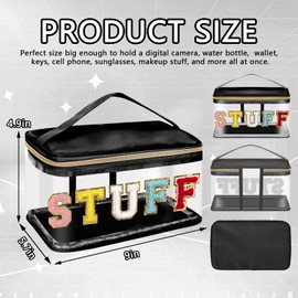 Iqimott Preppy Clear Makeup Cosmetic Bag for Women Travel, Nylon PVC Chenille Glitter Letter Toiletry Storage Tote Bag, Transparent Waterproof Organizer Zipper Pouch with Handle(Stuff, Black)