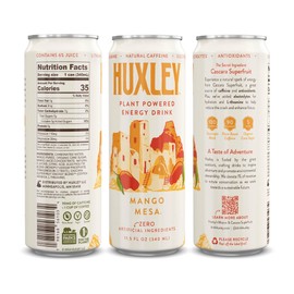 Huxley Energy Drink, Mango Mesa Superfruit Energy Drink, All Natural, Functional Energy Drink, Hydration & Focus, Low Sugar, No Artifical Ingredients, Electrolytes & L-theanine