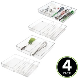 mDesign Plastic Adjustable/Expandable Divided Drawer Storage Organizer with 4 Compartments for Kitchen Pantry, Cupboard, Cabinet, Hold Silverware, Utensils, Cutlery - Ligne Collection - 4 Pack - Clear