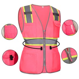 MZCYHCSD Pink Reflective Safety Vest for Women with Pockets, High Visibility Construction Work Vest for Lady Workers/Drivers, ANSI Type R Class2, XS