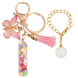 Luzvienzee 2 PCS Alphabet Keychain Initial Letter Keyrings for Women Teenage Girls, Butterfly Tassel Pink Pendant, Cute Crystal Glitter Sparkling Key Ring (Pink I)