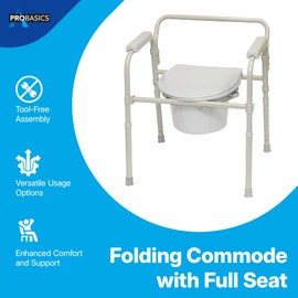 ProBasics 3-in-1 Folding Commode Chair with Full Seat, 350 lb Capacity, Portable Self-Contained Commode, Foldable Steel Frame