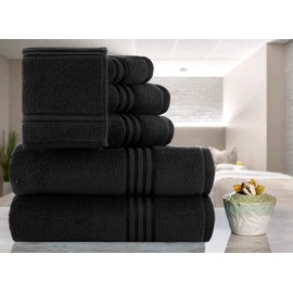 CASA COPENHAGEN Zero Twist, 6Pieces 100% Cotton Towel Set- Bright Black, 600 GSM, 2Bath, 2Hand, 2Washcloths Made from Egyptian Cotton, Ultra Soft Luxury Towels for Hotel Spa Kitchen Bathroom & Shower