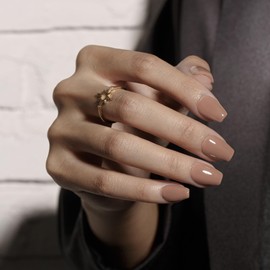 KQueenest Nude Brown Press on Nails Short Coffin, Short False Nails with Glue, Sheer Taupe Fake Nails Press ons Medium Ballerina, Glossy Opaque, Reusable Soft Gel Stick on Nail for Women, 30 Pcs