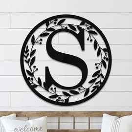 Metal Circle Letter Monogram with Vines Wall Monogram Sign Couples Gift Letter Decor Letter Vine Monogra Wedding Gift, Metal Sign (Oil rub bronze, 10 in)