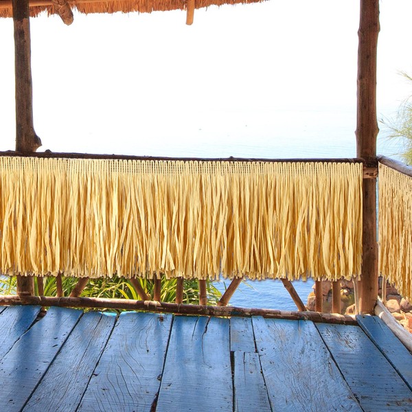 Raffia Brown Grass Table Skirt with Colorful Hibiscus Tropical Luau Table Skirt Tiki Party Decorations Hawaiian Table Skirt Party Fringe Table Skirt for Summer Beach Parties, 158 Inches x 12 ft