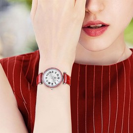 SHENGKE SK Fashion Crystal-Accented Watch for Women with Roman Numerals, Easy Read Dial Watch. (Silver-Red)