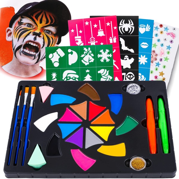 Face Paint Professional Face Painting Kit Halloween Make Up Set Water Based Body Paint 16 Colours with Art Sticker Painting Brush Art Show Colsplay Makeup For Children and Adult Festivals