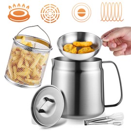 68oz Stainless Steel Oil Filter Pot, Multifunctional 2 in 1 Oil Strainer Pot for Camping, Large Capacity Bacon Grease Saver with Strainer, Kitchen Cooking Oil Container, Mini Deep Fryer with Basket