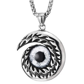 COOLSTEELANDBEYOND Men's Women's Stainless Steel Flame Swirl Fire Evil Eye Pendant Necklace with 75 cm Steel Wheat Chain, Yin-Yang Rear, Stainless steel, metal, steel, Non-applicable