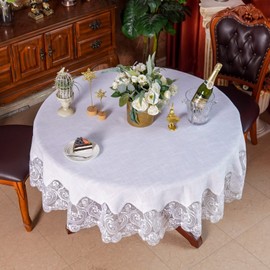 ARTABLE Lace Rectangular Tablecloths with Exquisite Macrame Border Clear Embroidered Kitchen Holidays Fabric Tablecloth (White, 60 Inch Round)