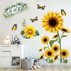 WOHAHA Wall Sticker, Plant, Stylish, Sunflower, Wallpaper Sticker, Removable, Scenery, Scenery, Floral Pattern, Wall Sticker, Decorative, For Bath, Living Room, Rental, Bedroom, Waterproof, Removable,