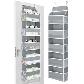 Yecaye 1 Pc Over the Door Organizer with 5 Bins 10 Side Pockets, 44lbs Load Hanging Bathroom and Bedroom Organizer, behind the Door Hanging Organizers for Nursery Newborn Baby Essential Stuff Grey