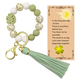 SHINYHARBOR Plant Keychain Bracelet Car Key Ring Wristlet Silicone Beaded Monstera deliciosa Leaf Key Chain with Leather Tassel Gifts for Women Girls,Green