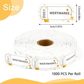 Pack of 1000 Value Tokens Rolls, Food Stamps White Gold, Tears, Drink Marks, Sequential Number Voucher Tokens for Shops, Bar, Wedding, Carnival, Party, Events