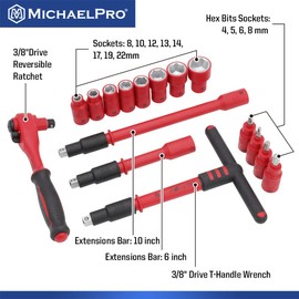 MichaelPro 16-Piece 3/8" Drive VDE Insulated Tools Set with Sockets, Bits Sockets, Wrenches, Ratchet, Electrical Tools | MP005047