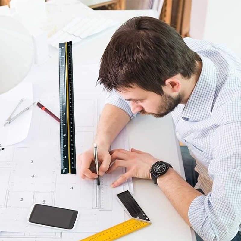 Solid Aluminum Triangular Architect Scale Ruler Set 4pcs, 3-Colors-Groove Architectural