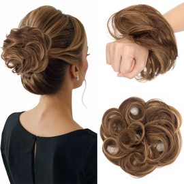 Benehair Human Hair Scrunchies Curly Messy Bun Hairpiece Bun Extensions for Women #4/27 Medium Brown Mix Dark Blonde Wavy Real Hair Updo Donut Chignons 23g