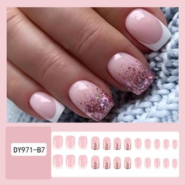 French Tip Press on Nails Medium Square Fake Nails Glossy Full Cover Glue on Nails Glitter Acrylic False Nails White Nail Tips Design Artificial Coffin Nails for Women Daily Static Nails Wear 24Pcs