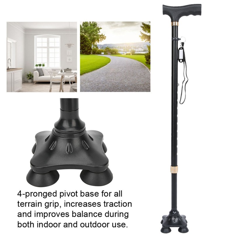 Height Adjustable Aluminum Alloy Cane with T Handle 4-pronged Pivot